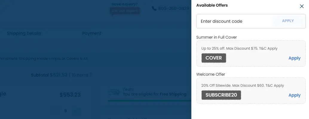 where to apply covers&all discount code